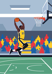 Modern vector illustration of basketball player performing powerful slam dunk in indoor arena, dynamic sports competition concept with clean flat design © Amie