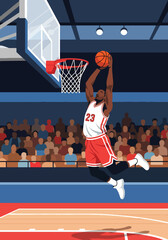 Modern vector illustration of basketball player performing powerful slam dunk in indoor arena, dynamic sports competition concept with clean flat design © Amie