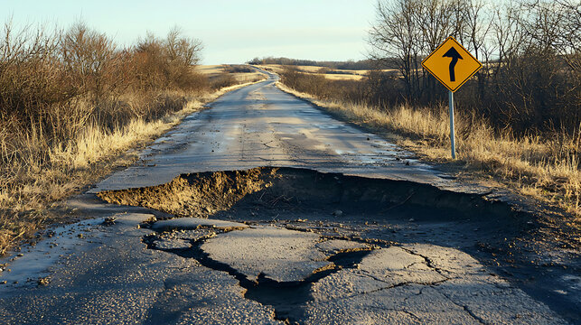 Damaged road with a dangerous sinkhole and warning sign ahead.