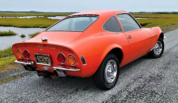Orange Opel GT vintage sports car on coastal road