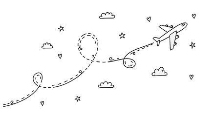 Minimalist line art illustration of an airplane flying with a looping dotted trail in the sky among clouds and stars, depicting travel and journey. © nevermind