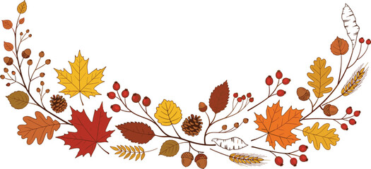 Elegant Autumn Leaf Border Vector Illustration Featuring Maple Oak Leaves Red Berries Acorns and Pinecones in Warm Fall Colors for Seasonal Thanksgiving Harvest Greeting Card Design © Rumi