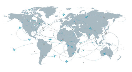 World map with interconnected flight routes and airplanes illustrating global travel and air transportation network. © nevermind