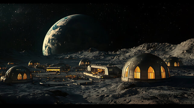 Futuristic moon base colony with Earth visible in the distant sky.
