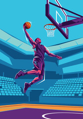 Explosive basketball player performing powerful slam dunk inside modern arena, bold dynamic sports poster style with dramatic lighting and energy streaks, perfect for championship event promotion © Amie
