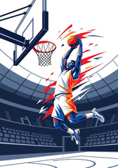 Explosive basketball player performing powerful slam dunk inside modern arena, bold dynamic sports poster style with dramatic lighting and energy streaks, perfect for championship event promotion © Amie