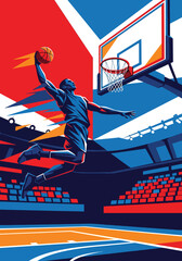 Explosive basketball player performing powerful slam dunk inside modern arena, bold dynamic sports poster style with dramatic lighting and energy streaks, perfect for championship event promotion © Amie