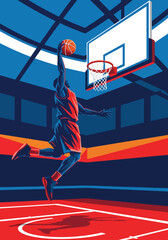 Explosive basketball player performing powerful slam dunk inside modern arena, bold dynamic sports poster style with dramatic lighting and energy streaks, perfect for championship event promotion © Amie