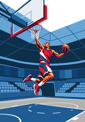Explosive basketball player performing powerful slam dunk inside modern arena, bold dynamic sports poster style with dramatic lighting and energy streaks, perfect for championship event promotion © Amie