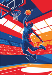 Explosive basketball player performing powerful slam dunk inside modern arena, bold dynamic sports poster style with dramatic lighting and energy streaks, perfect for championship event promotion © Amie