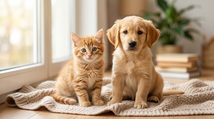 Plakat Adorable orange tabby kitten and golden retriever puppy sitting together on a cozy blanket indoors