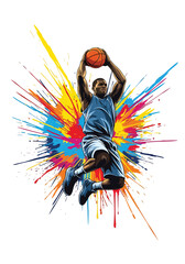 Dynamic basketball player slam dunk with vibrant paint explosion background, bold modern sports poster illustration perfect for tournament promotion, team branding and athletic campaigns © Amie