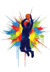 Dynamic basketball player slam dunk with vibrant paint explosion background, bold modern sports poster illustration perfect for tournament promotion, team branding and athletic campaigns © Amie