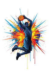 Dynamic basketball player slam dunk with vibrant paint explosion background, bold modern sports poster illustration perfect for tournament promotion, team branding and athletic campaigns © Amie