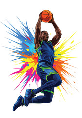 Dynamic basketball player slam dunk with vibrant paint explosion background, bold modern sports poster illustration perfect for tournament promotion, team branding and athletic campaigns © Amie