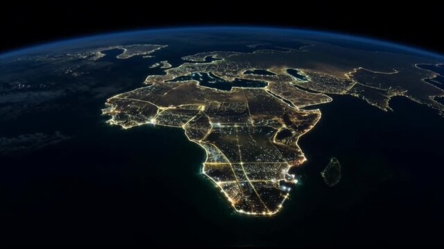 A nighttime satellite view of Africa continent with glowing city lights