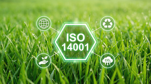 A green grass field with an ISO 14001 logo and eco-friendly icons