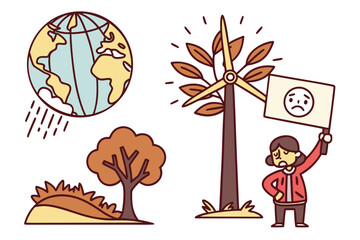 Man holding sign with sad face standing next to wind turbine and trees © stock