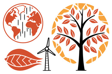 Orange and yellow tree with wind turbine and globe © stock