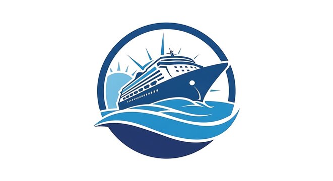 Blue cruise ship ocean wave travel logo vector maritime symbol