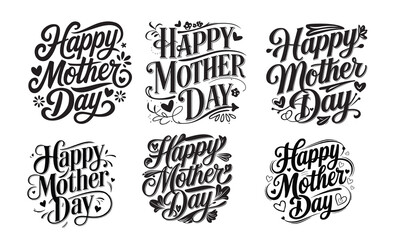 Fototapeta premium Set of 6 Happy Mother's Day typography vector illustrations