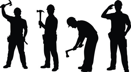 Construction worker silhouettes, builder with hammer, manual labor profession icons, handyman figures, industrial workers collection, repair service concept illustration