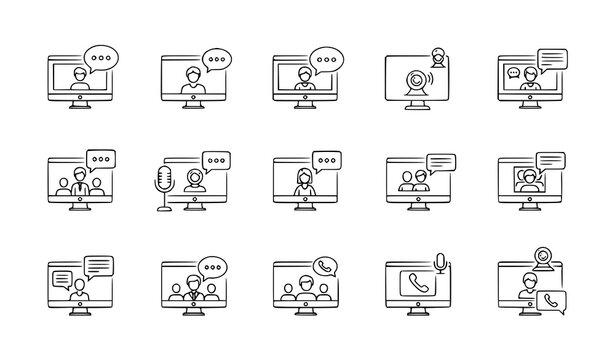 Online video call and videoconference chat line icon set with computer screen communication symbols