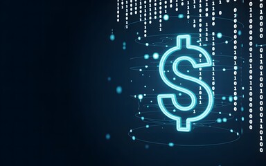 Futuristic glowing cyan dollar sign with binary code matrix on dark digital background