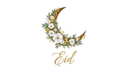 Eid celebration with crescent moon and floral arrangement in gold