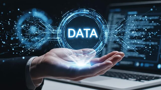 Professional's hand gently cradling a glowing digital sphere, displaying the word 'DATA' and intricate network lines, symbolizing the immense power and potential of artificial intelligence