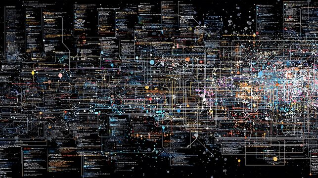 Complex network visualization, data and code displayed across a black background