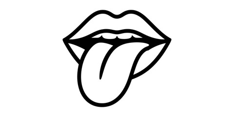 Simple black and white line art illustration of a mouth with a tongue sticking out Vector, illustration © Creative_Oneline