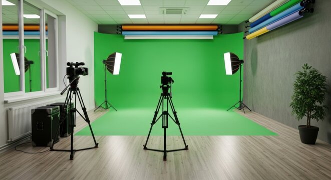 Green screen studio setup with cameras, lighting, and tripods for video production and filming.