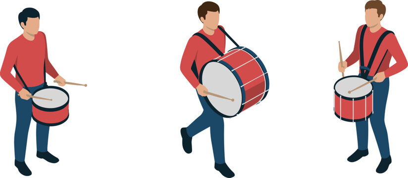 Marching band drummers with snare and bass drums, parade percussion musicians performing musical performance illustration isolated