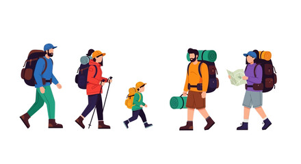 Fototapeta premium A family of hikers walks along a trail with backpacks and gear