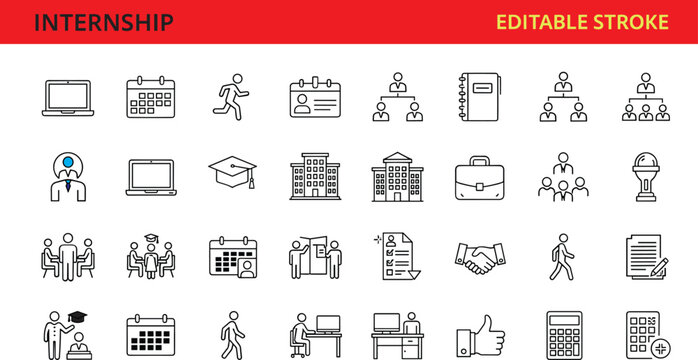Internship and career development line icon set including education, office work, meeting, hiring, business training and professional symbols