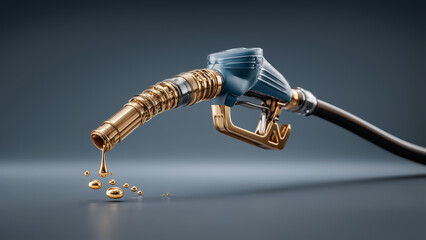 Golden fuel nozzle, symbolizing high gas prices and expenses. Isolated on free background.