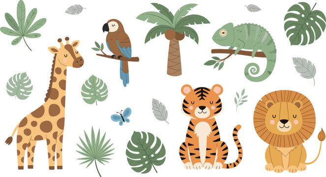 Cute jungle animals vector set with giraffe, lion, tiger, parrot, chameleon and tropical leaves in flat cartoon style illustration