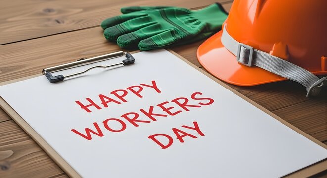 Workers day celebration with safety gear and clipboard