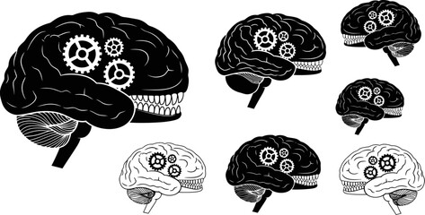 Brain with gears inside various views and line styles for concepts of intelligence and innovation © Afia