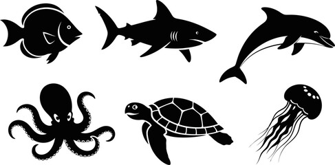 Black silhouettes of various sea creatures on white background © Afia
