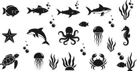 Black silhouettes of various sea creatures and plants on white background © Afia