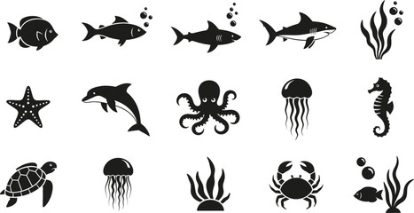 Fototapeta premium Collection of black ocean animal silhouettes on white background
