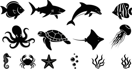 black silhouettes of various sea creatures and plants on white background © Afia