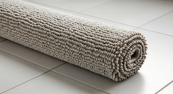 Rolled-up beige bath mat on a white tiled floor ready for use in bathroom.