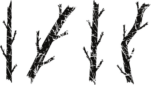 Black silhouette of tree branches with sparse small twigs isolated on white background