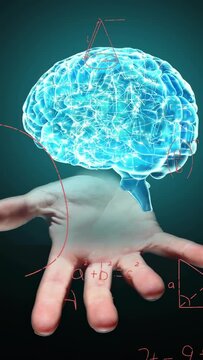 Vertical video: Pink stroke sparking palm holo brain hovering forming math growing showing learning