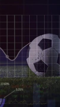 Vertical video: Ball on turf, sports overlays animating metrics, player foot entering to kick