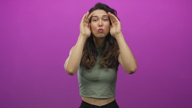 Woman covers face with hands against bright purple studio wall while hiding facial expression; shyness.