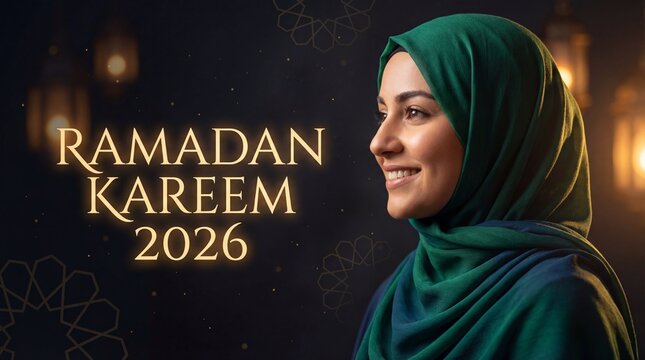 Muslim woman in green hijab celebrating Ramadan Kareem 2026 with Islamic lantern lights